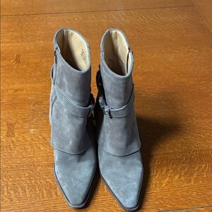 Crown Vintage Gray Suede Pointed Ankle Booties with Buckle Strap
